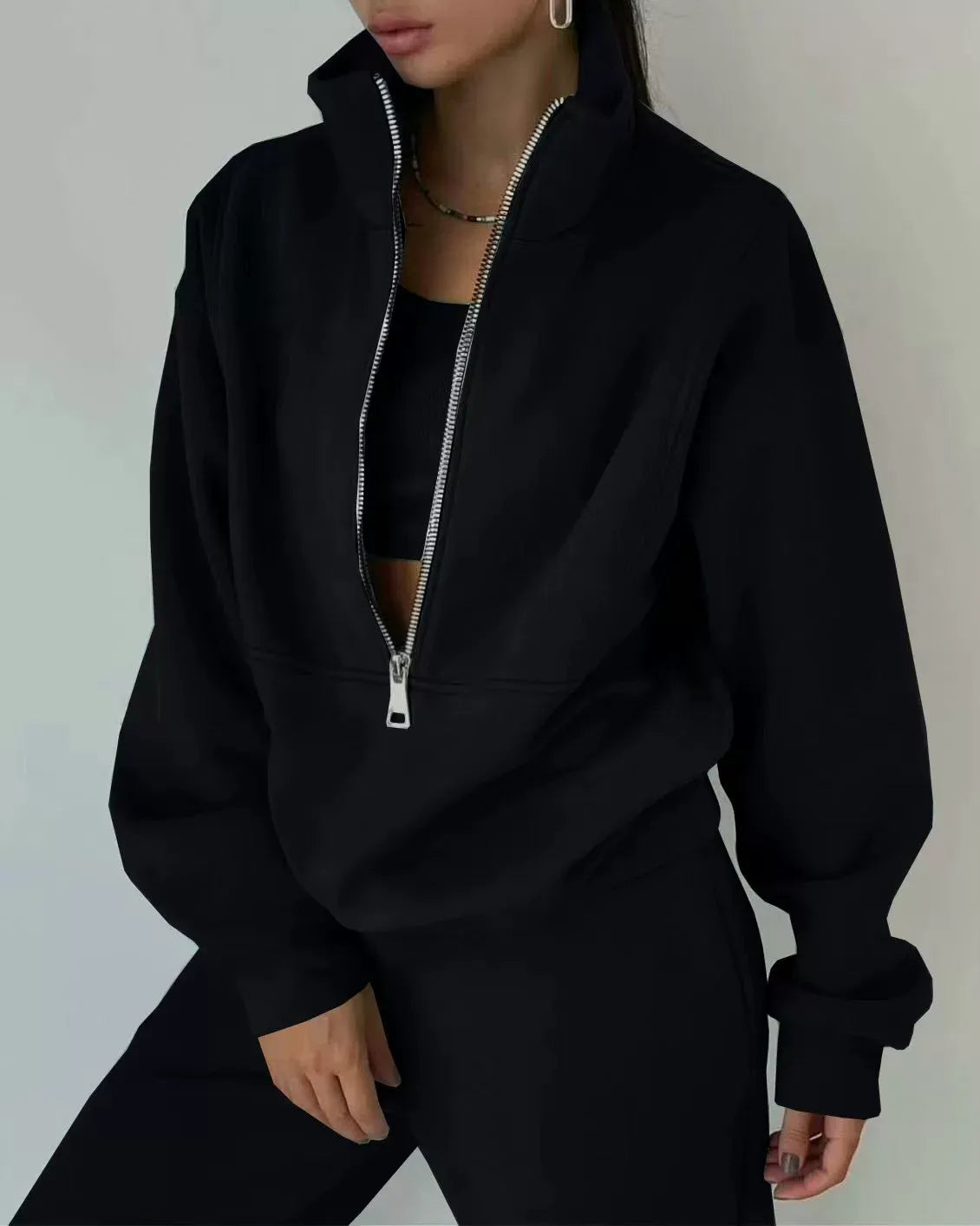 Women’s Athleisure Set – Fleece Half-Zip Pullover – Relaxed Fit – Full-Length Pants