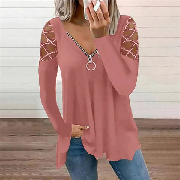 Women’s Casual Top – V-Neck with Zipper – Rhinestone Cold Shoulder – Relaxed Fit