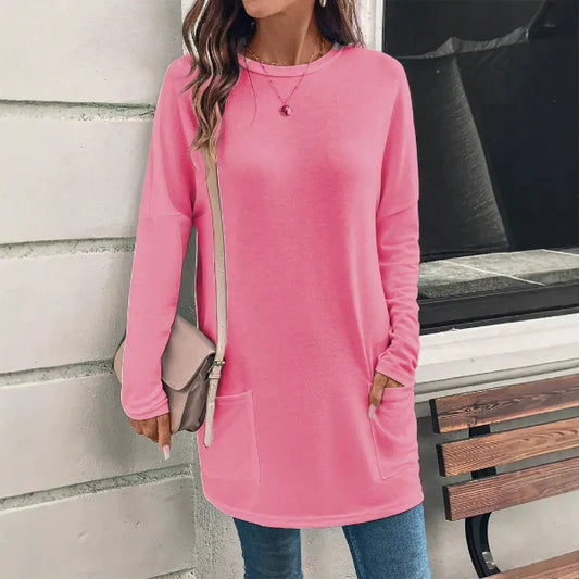 Women’s Tunic Top – Cotton Blend – Loose Fit – Long Sleeve – Round Neck – Pockets