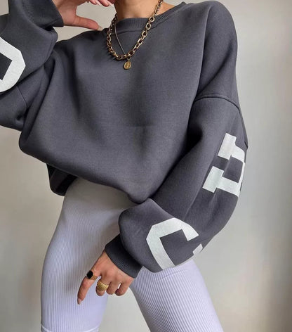 Women’s Oversized Sweatshirt – Cotton Blend – Long Sleeve – Graphic Sleeve Detail