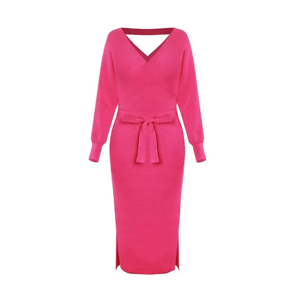 Women’s Sweater Dress – Slim Fit Knit – V-Neck – Self-Tie Waist – Midi Length – Long Sleeve