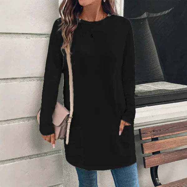 Women’s Tunic Top – Cotton Blend – Loose Fit – Long Sleeve – Round Neck – Pockets