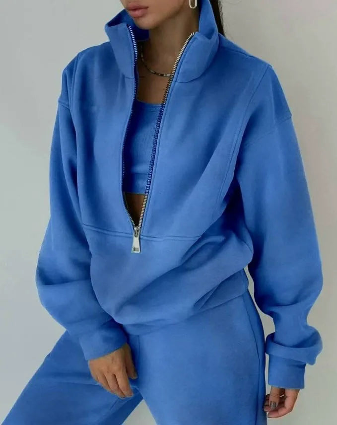 Women’s Athleisure Set – Fleece Half-Zip Pullover – Relaxed Fit – Full-Length Pants