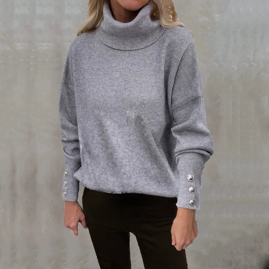 Women’s Turtleneck Sweater – Ribbed Knit – Oversized Fit – Long Sleeve with Buttons