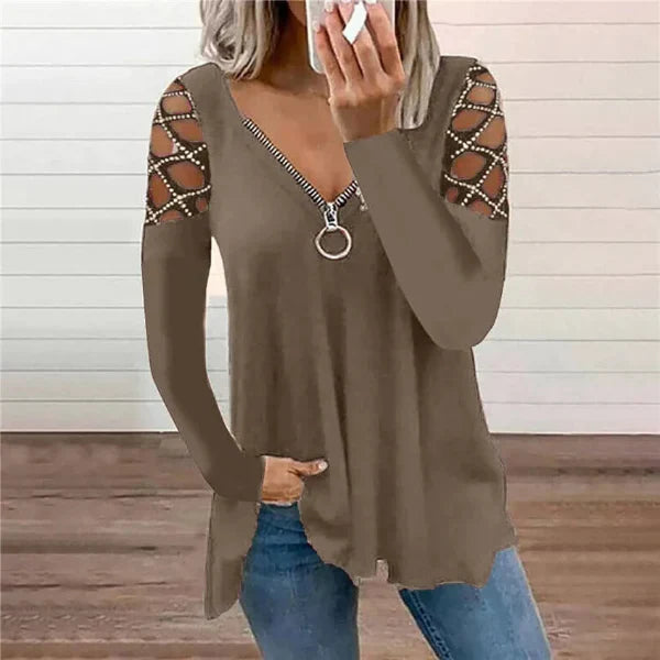 Women’s Casual Top – V-Neck with Zipper – Rhinestone Cold Shoulder – Relaxed Fit