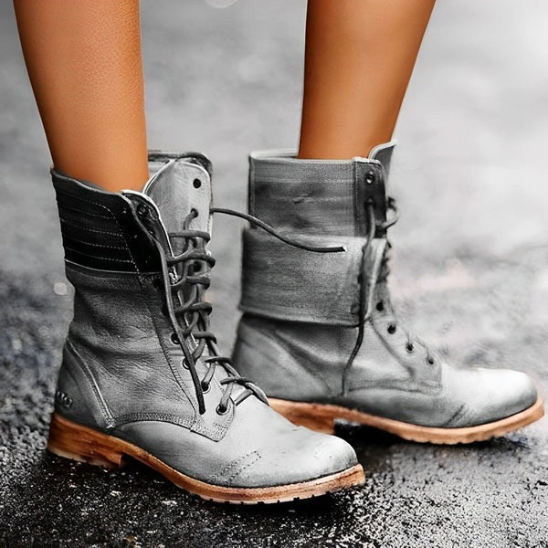 Women’s Ankle Boots – Leather Look – Lace-Up – Fold-Over Cuff – Rugged Sole