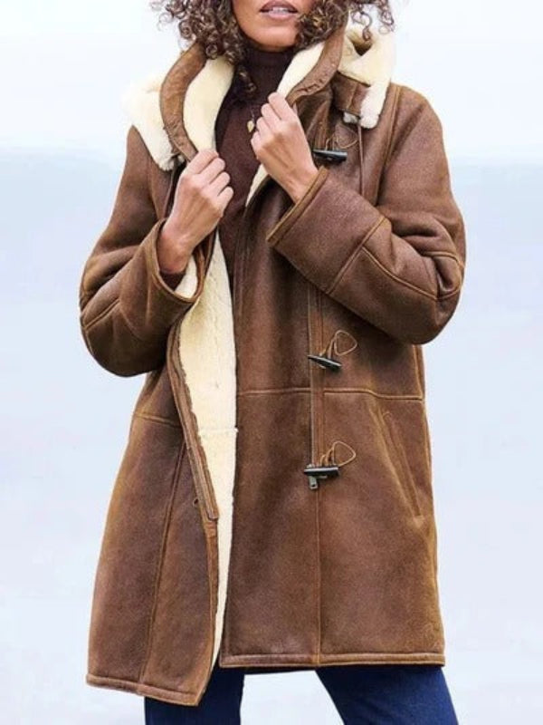 Women’s Long Jacket – Shearling Lined – Relaxed Fit – Toggle Closure – Hooded – Hip Length