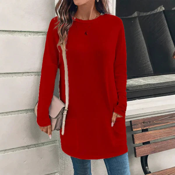 Women’s Tunic Top – Cotton Blend – Loose Fit – Long Sleeve – Round Neck – Pockets