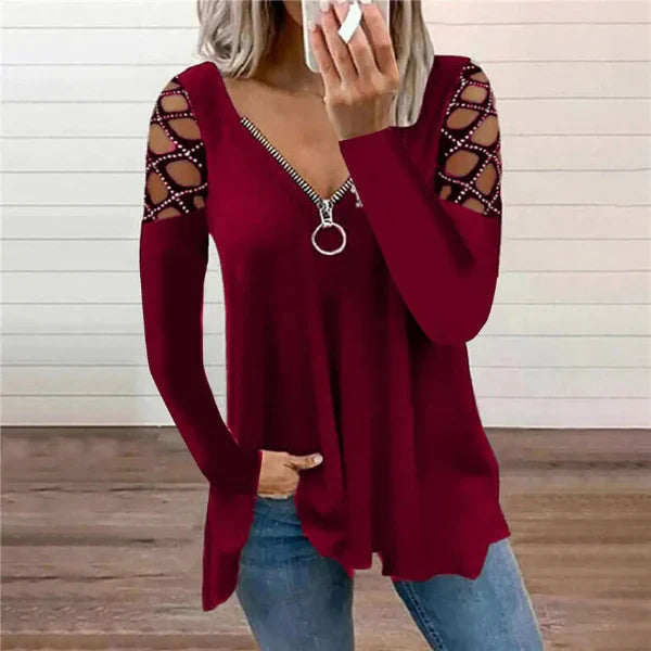 Women’s Casual Top – V-Neck with Zipper – Rhinestone Cold Shoulder – Relaxed Fit