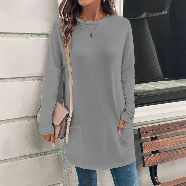 Women’s Tunic Top – Cotton Blend – Loose Fit – Long Sleeve – Round Neck – Pockets