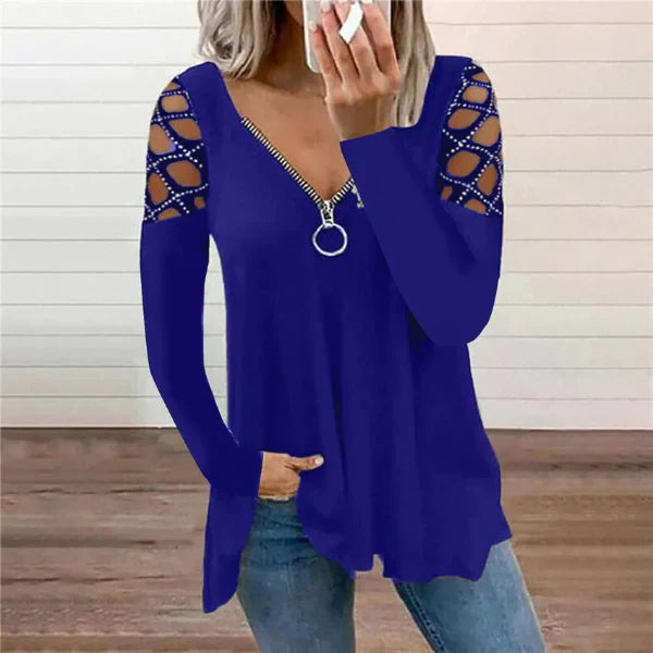 Women’s Casual Top – V-Neck with Zipper – Rhinestone Cold Shoulder – Relaxed Fit