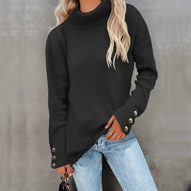 Women’s Turtleneck Sweater – Ribbed Knit – Oversized Fit – Long Sleeve with Buttons