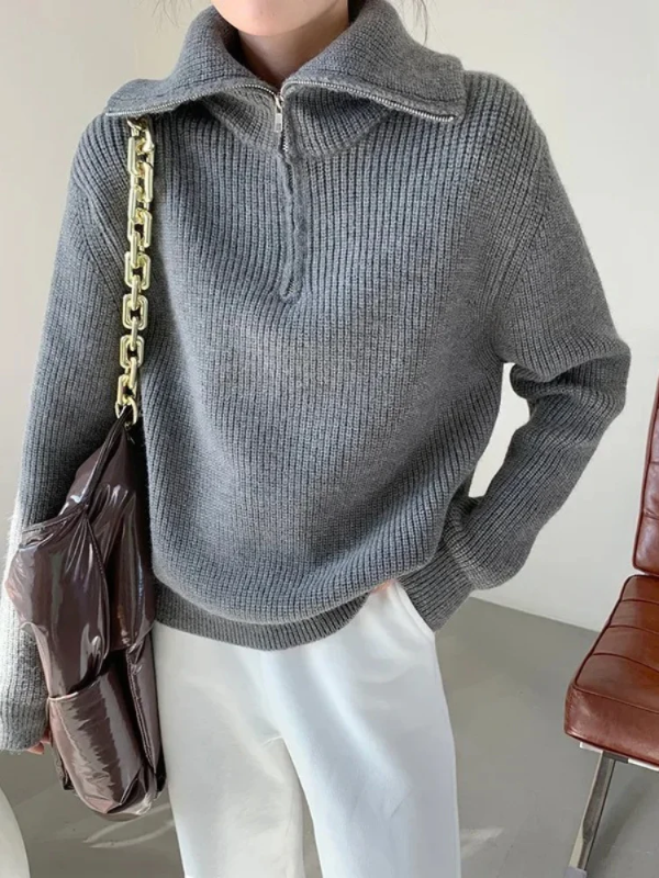 Women’s Pullover Sweater – Wool – Relaxed Fit – High Zip Collar – Ribbed Trim