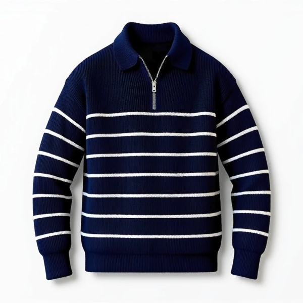 Men’s Sweater – Wool Knit – Regular Fit – Half-Zip – Ribbed Trim – Nautical Stripe