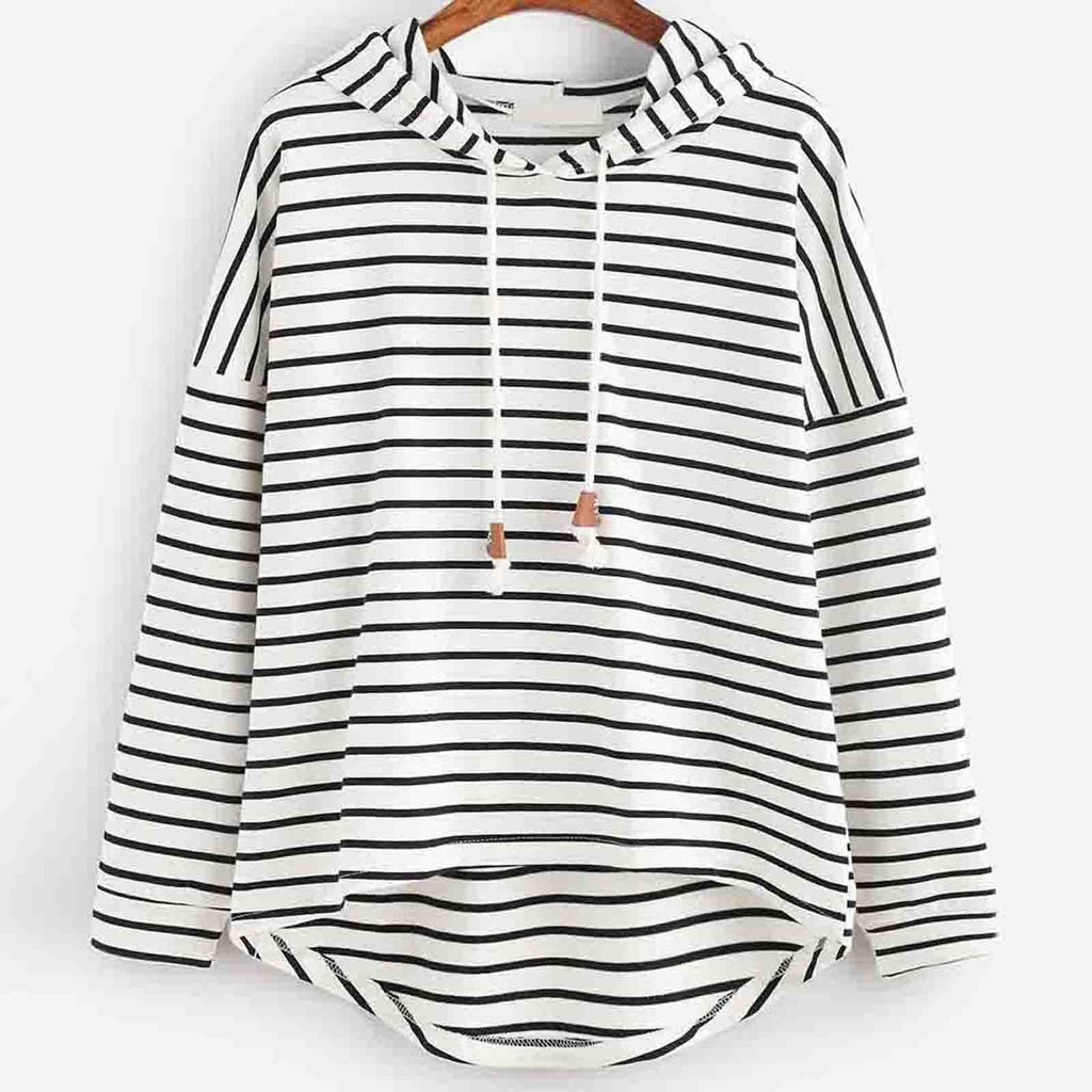 Women’s Hooded Top – Relaxed Fit – Jersey Knit – Striped – High-Low Hem – Drawstring