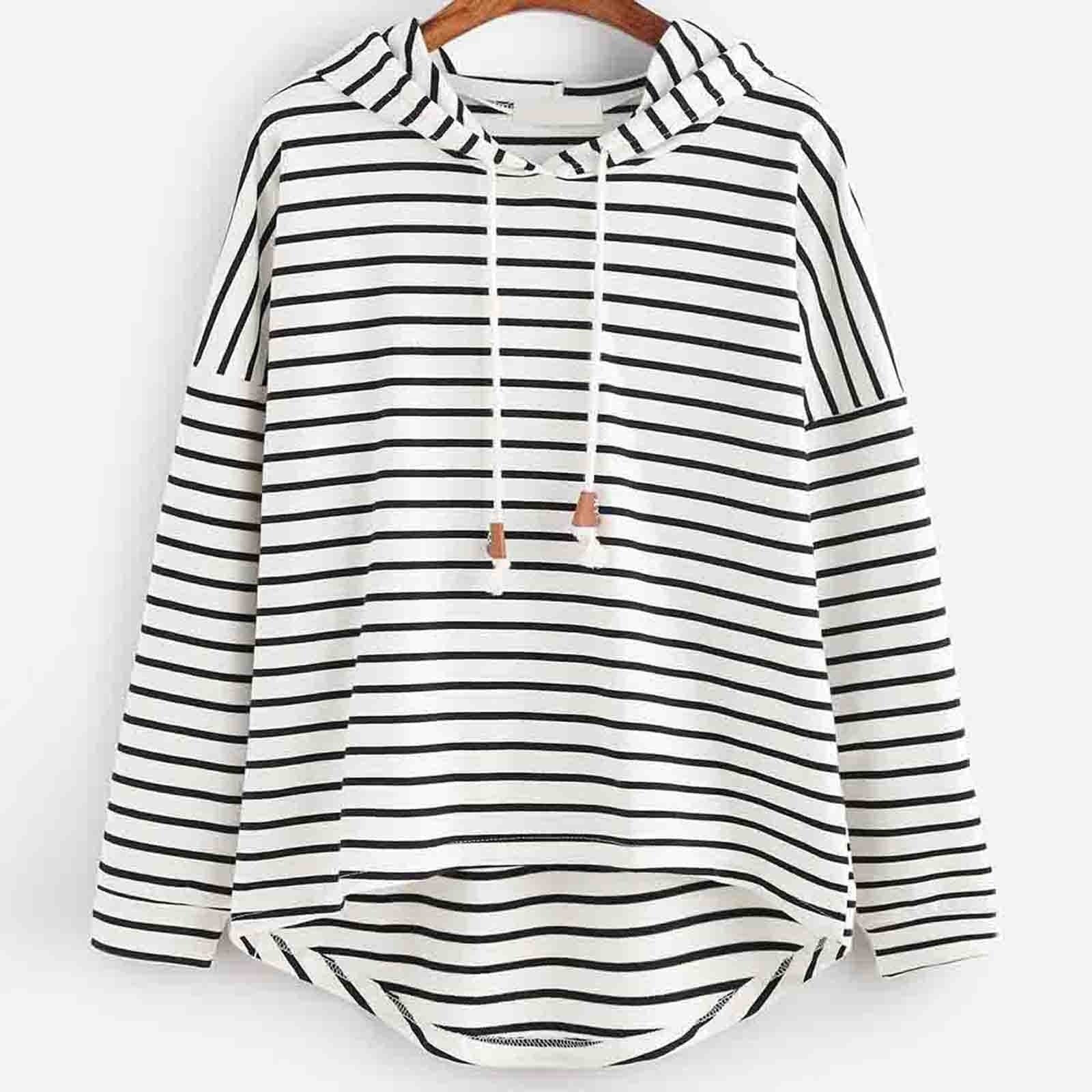 Women’s Hooded Top – Relaxed Fit – Jersey Knit – Striped – High-Low Hem – Drawstring