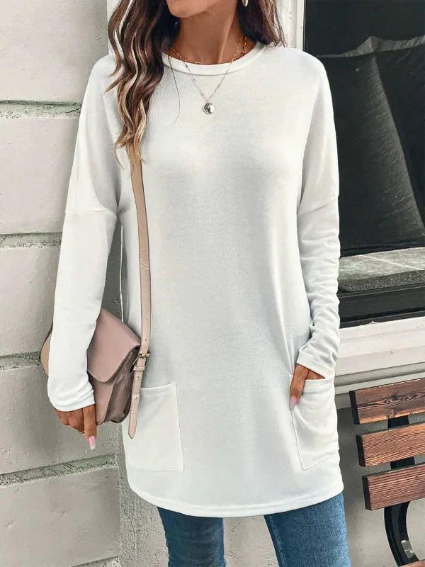Women’s Tunic Top – Cotton Blend – Loose Fit – Long Sleeve – Round Neck – Pockets