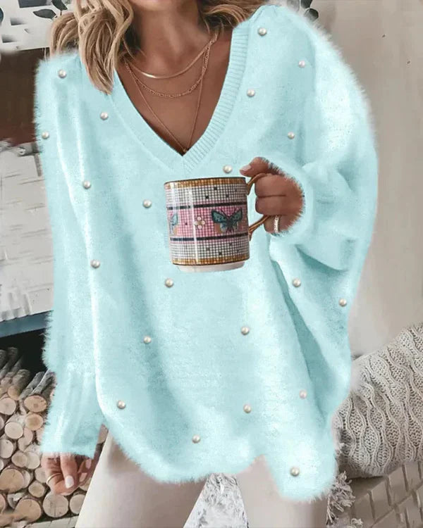 Women’s V-Neck Sweater – Oversized Fit – Fuzzy Texture – Pearl Embellished Casual Wear