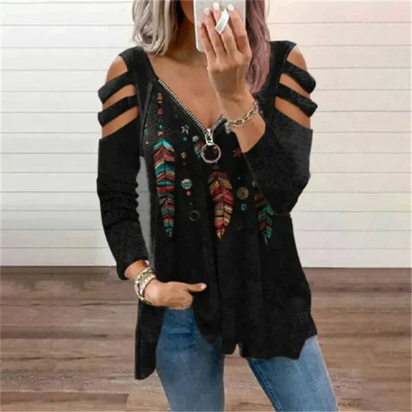 Women’s Pullover Top – Relaxed Fit – Cold Shoulder – Zipper Neckline – Boho Print
