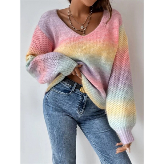 Women’s V-Neck Sweater – Relaxed Fit – Chunky Knit – Mohair Blend – Gradient Pattern