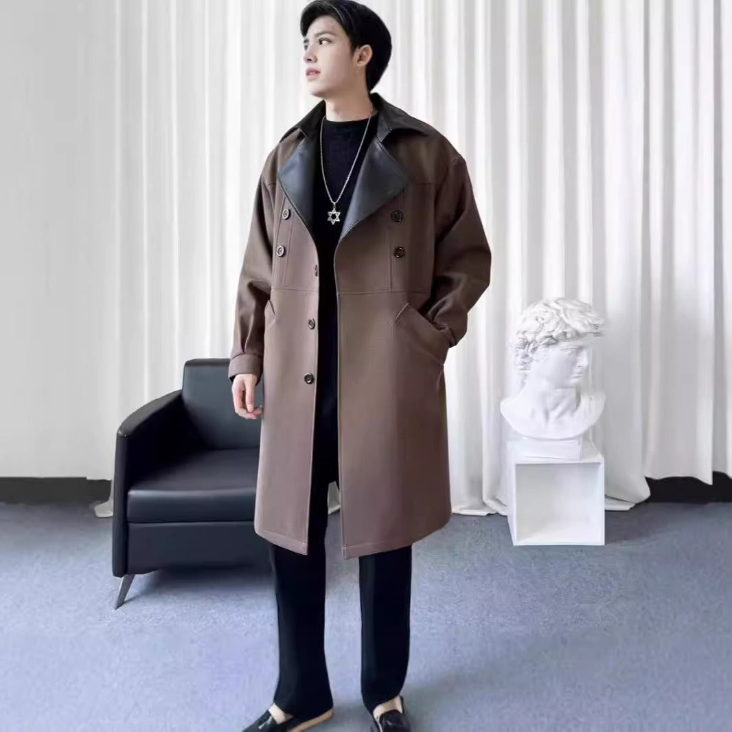 Men’s Long Coat – Wool Blend – Relaxed Fit – Notch Lapel – Contrasting Collar