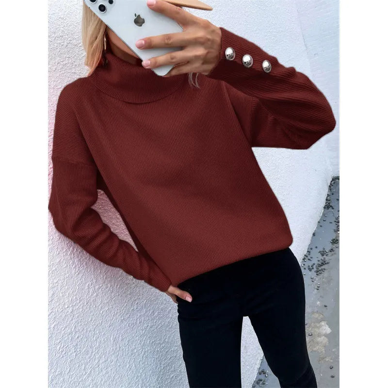 Women’s Turtleneck Sweater – Ribbed Knit – Oversized Fit – Long Sleeve with Buttons