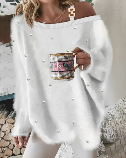 Women’s V-Neck Sweater – Oversized Fit – Fuzzy Texture – Pearl Embellished Casual Wear