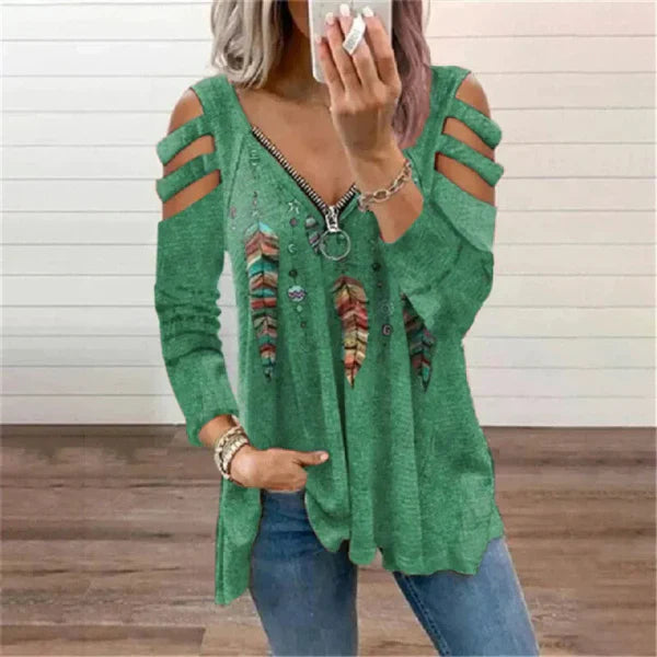 Women’s Pullover Top – Relaxed Fit – Cold Shoulder – Zipper Neckline – Boho Print