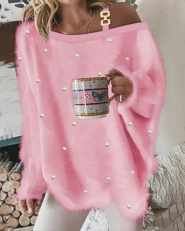 Women’s V-Neck Sweater – Oversized Fit – Fuzzy Texture – Pearl Embellished Casual Wear