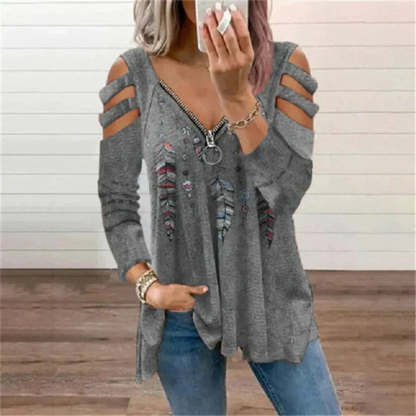 Women’s Pullover Top – Relaxed Fit – Cold Shoulder – Zipper Neckline – Boho Print