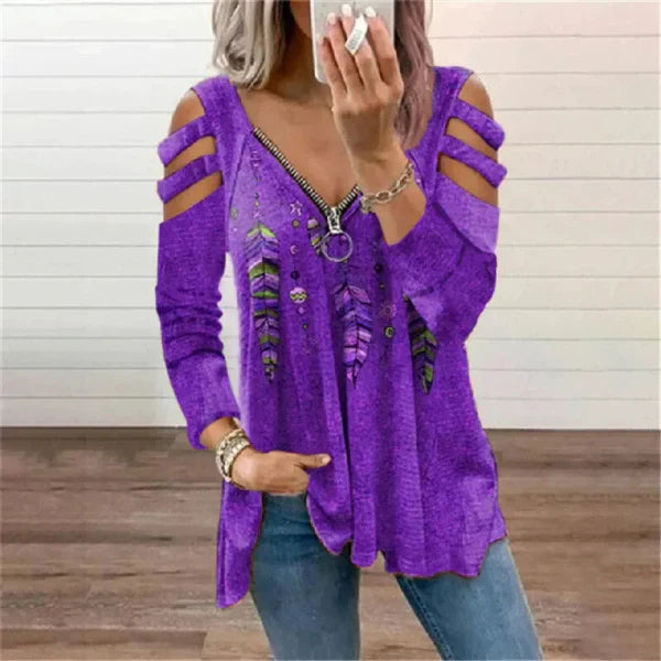 Women’s Pullover Top – Relaxed Fit – Cold Shoulder – Zipper Neckline – Boho Print