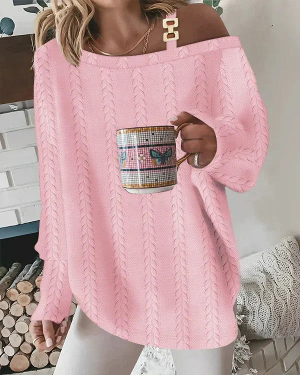 Women’s V-Neck Sweater – Oversized Fit – Fuzzy Texture – Pearl Embellished Casual Wear