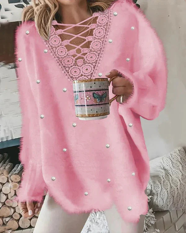 Women’s V-Neck Sweater – Oversized Fit – Fuzzy Texture – Pearl Embellished Casual Wear