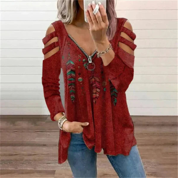 Women’s Pullover Top – Relaxed Fit – Cold Shoulder – Zipper Neckline – Boho Print