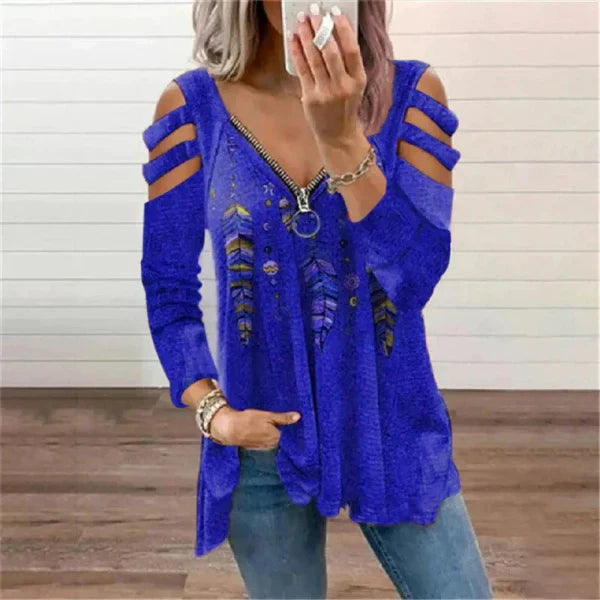 Women’s Pullover Top – Relaxed Fit – Cold Shoulder – Zipper Neckline – Boho Print