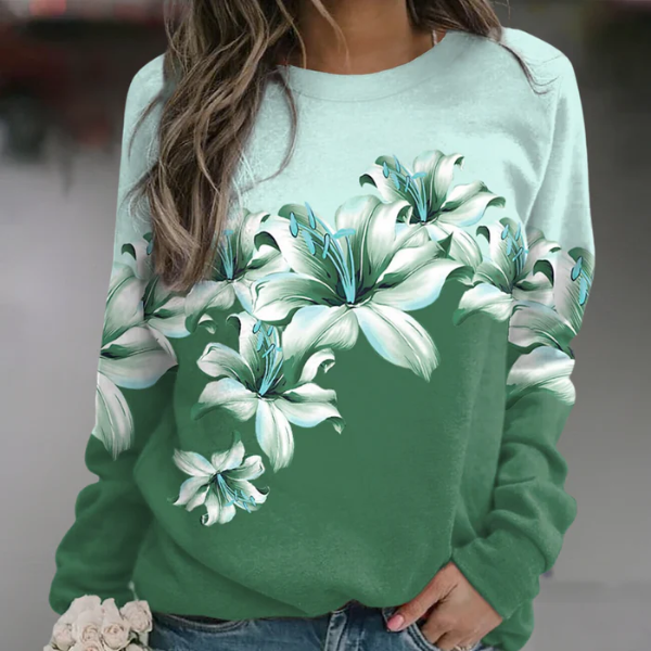 Women’s Sweatshirt – Relaxed Fit – Cotton Blend – Floral Print – Crew Neck – Long Sleeve