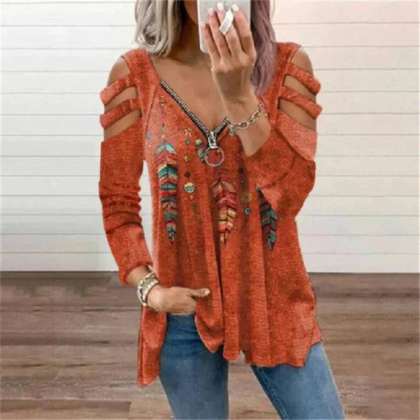 Women’s Pullover Top – Relaxed Fit – Cold Shoulder – Zipper Neckline – Boho Print