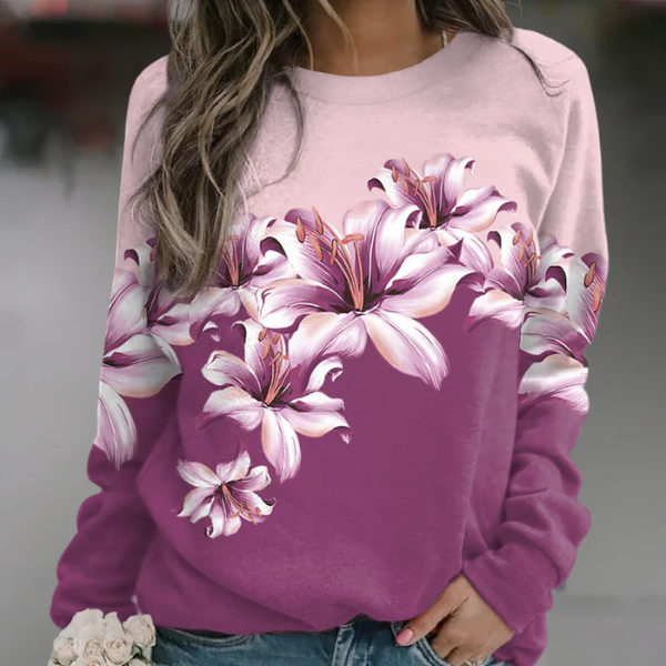 Women’s Sweatshirt – Relaxed Fit – Cotton Blend – Floral Print – Crew Neck – Long Sleeve
