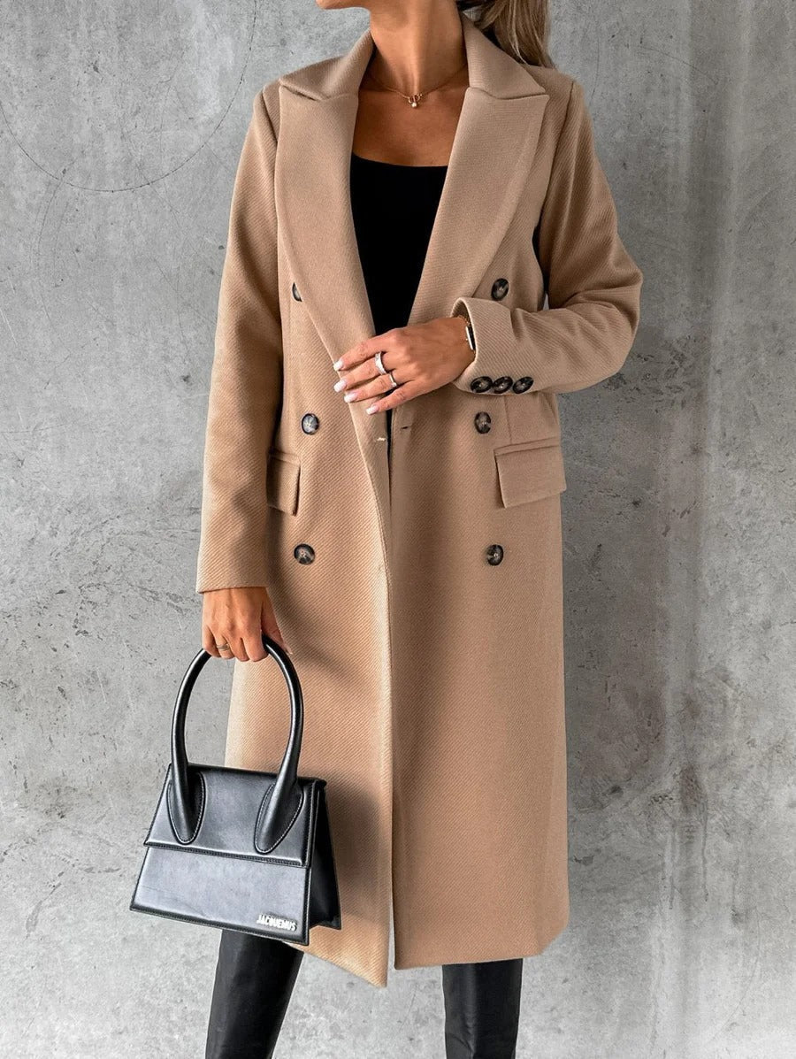 Women’s Longline Coat – Tailored Fit – Wool Blend – Double-Breasted – Notched Lapel
