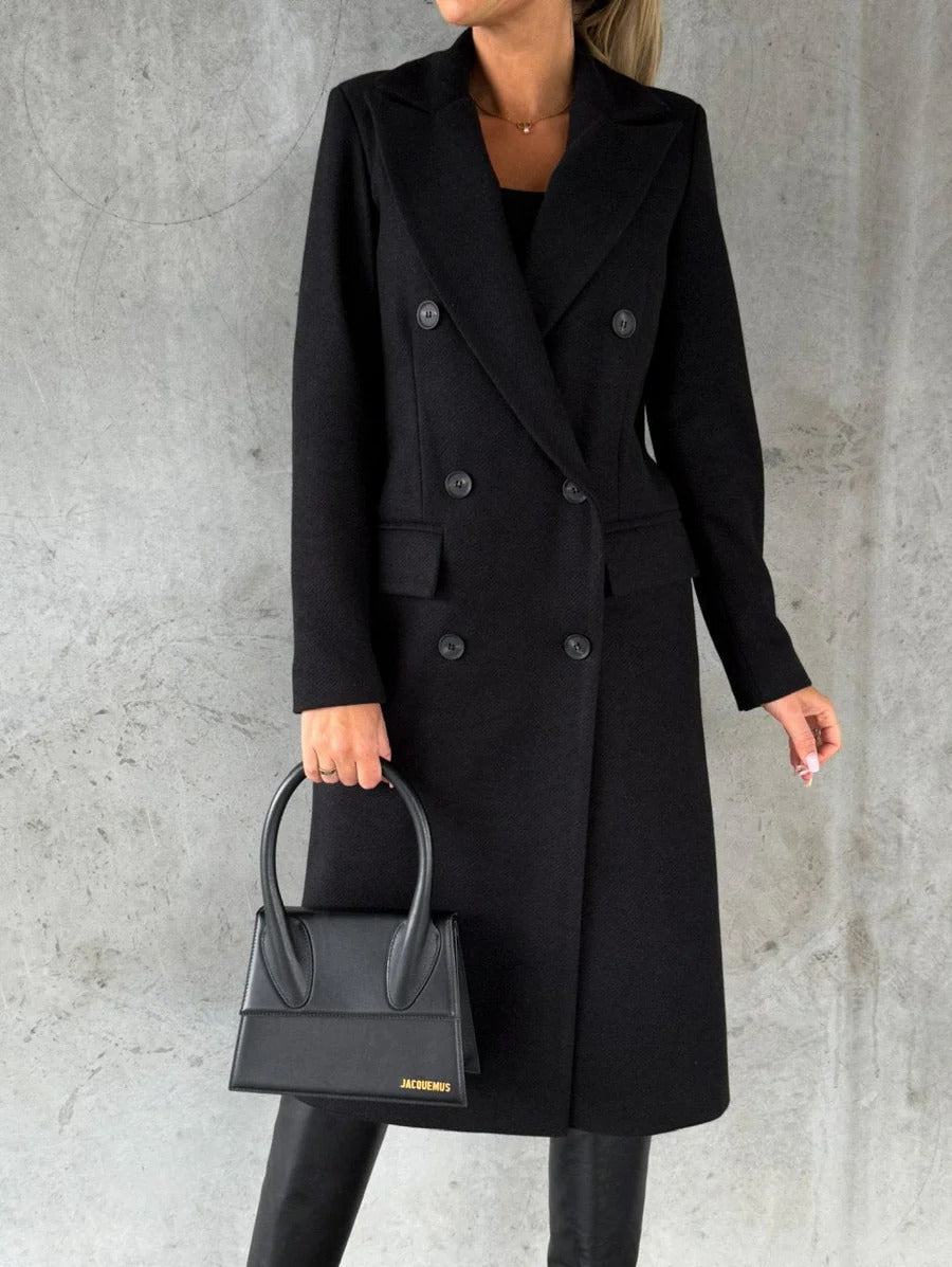 Women’s Longline Coat – Tailored Fit – Wool Blend – Double-Breasted – Notched Lapel