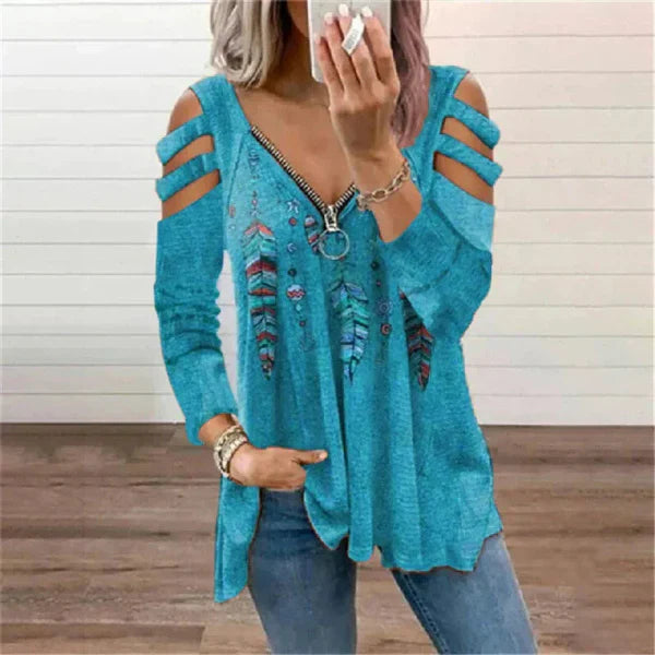Women’s Pullover Top – Relaxed Fit – Cold Shoulder – Zipper Neckline – Boho Print