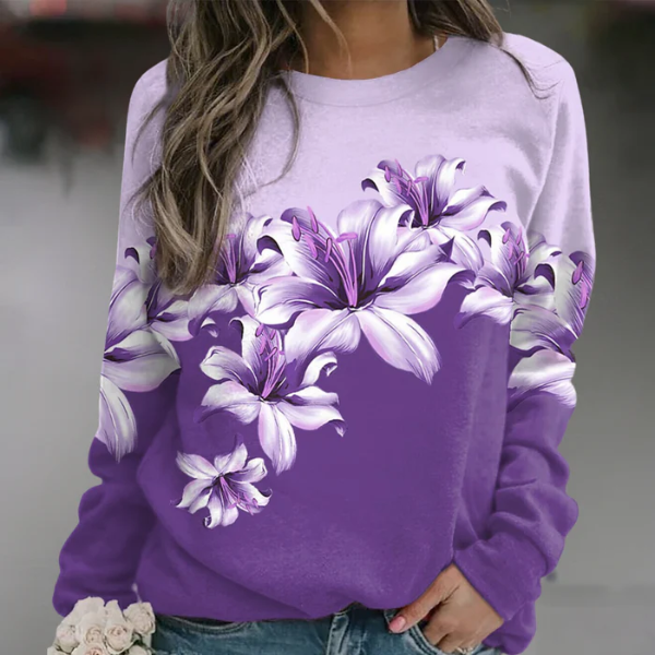 Women’s Sweatshirt – Relaxed Fit – Cotton Blend – Floral Print – Crew Neck – Long Sleeve