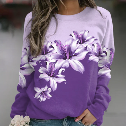 Women’s Sweatshirt – Relaxed Fit – Cotton Blend – Floral Print – Crew Neck – Long Sleeve