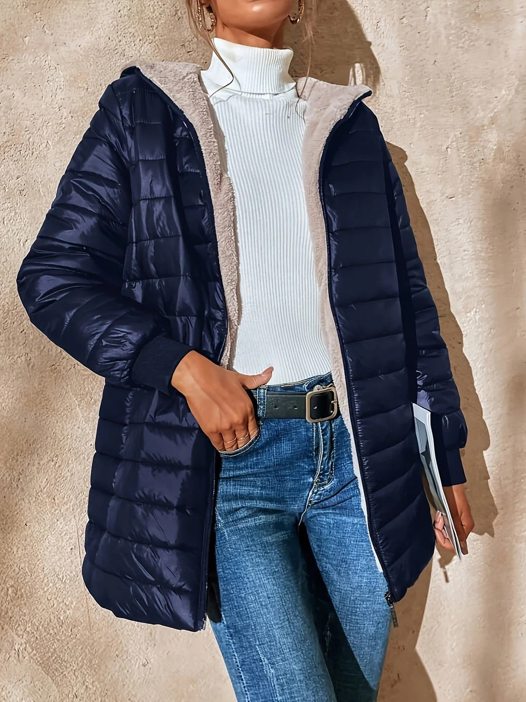 Women’s Quilted Longline Jacket – Fleece Lined – Relaxed Fit – Ribbed Cuffs Casual Wear
