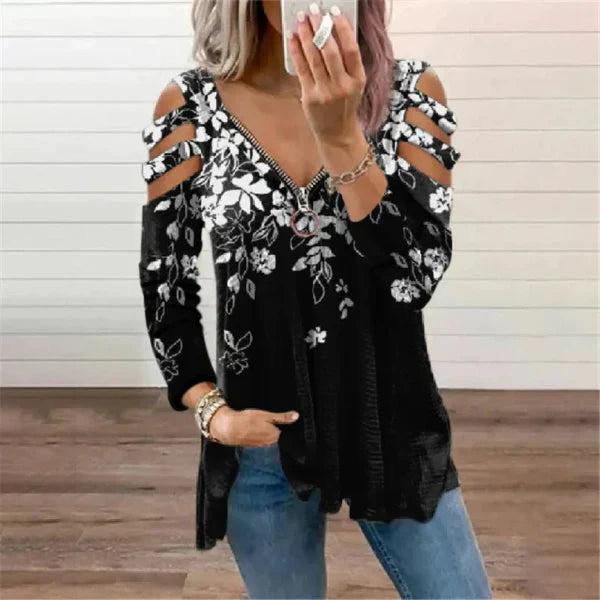 Women’s Pullover Top – Relaxed Fit – Cold Shoulder – Zipper Neckline – Boho Print