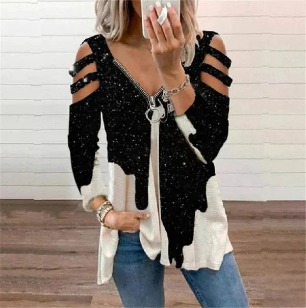 Women’s Pullover Top – Relaxed Fit – Cold Shoulder – Zipper Neckline – Boho Print