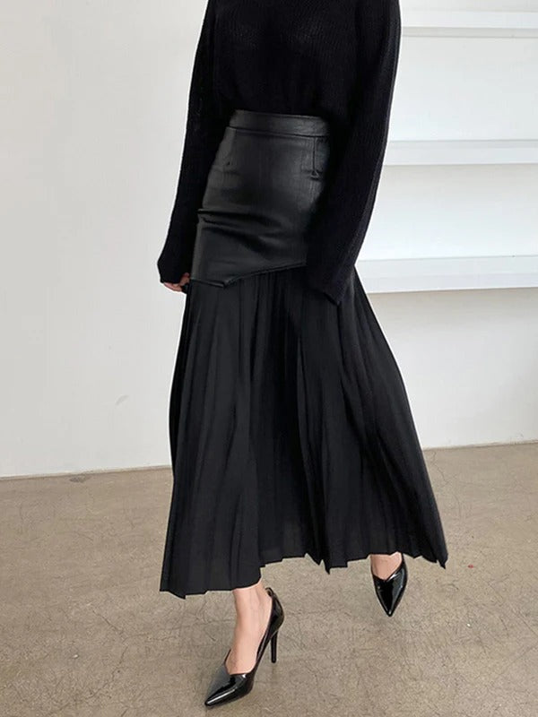 Women’s Midi Skirt – Faux Leather Waist – Chiffon Pleats – Asymmetric Hem – Flared Fit