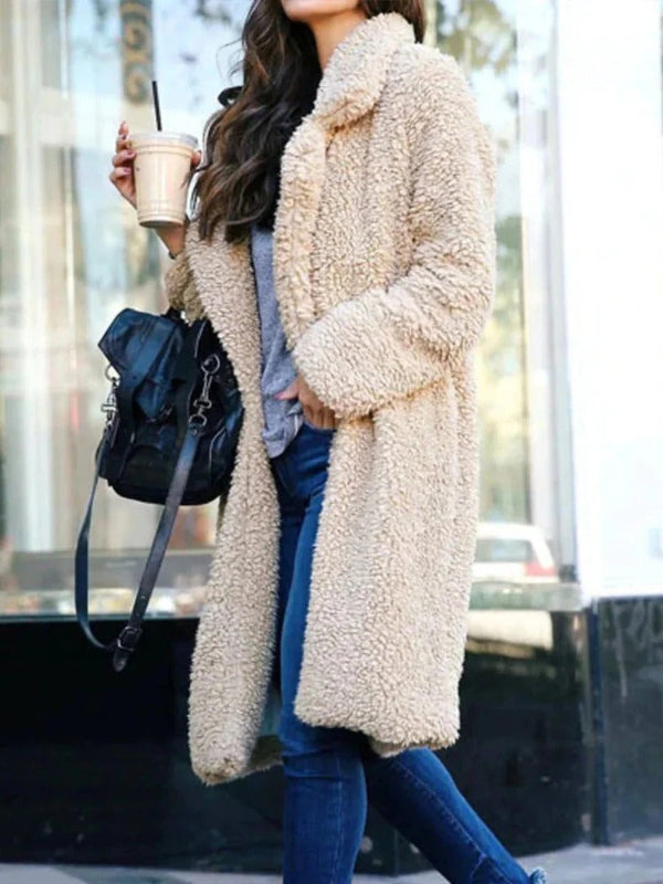 Women’s Teddy Coat – Oversized Fit – Long Length – Soft Textured – Lapel Collar