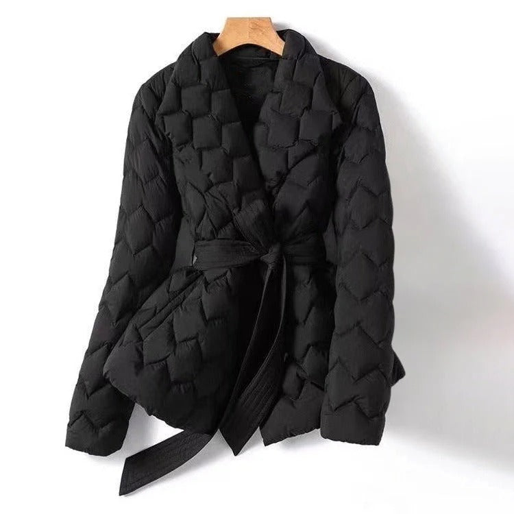 Women’s Quilted Jacket – Fitted Waist – Belted – Hip Length – Structured Collar