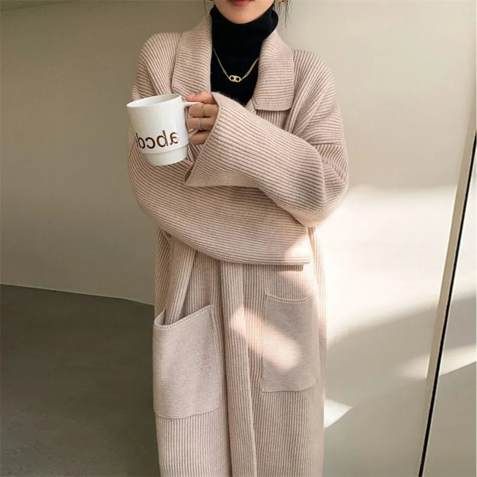 Women’s Long Cardigan – Ribbed Knit – Relaxed Oversized Fit – Open Front – Patch Pockets